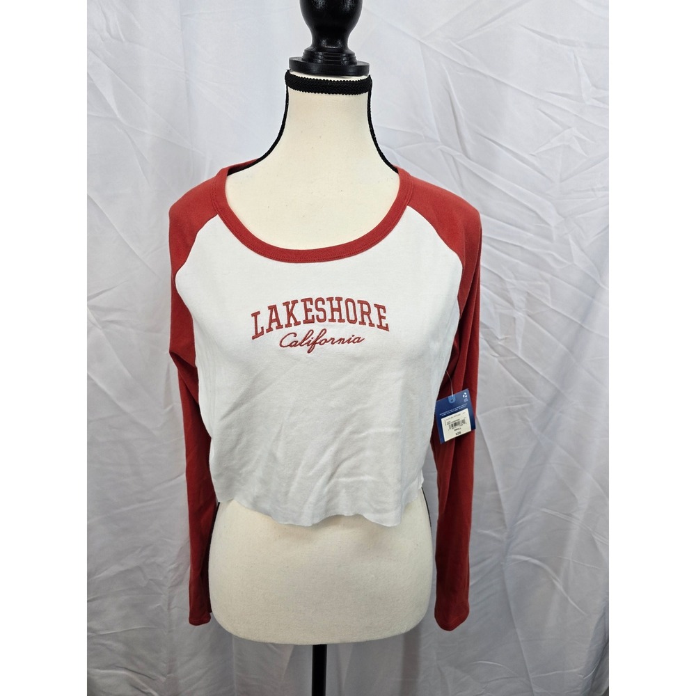 Arizona Jean Co Womens Lakeshore California Raglan Crop Top Red White Small NEW